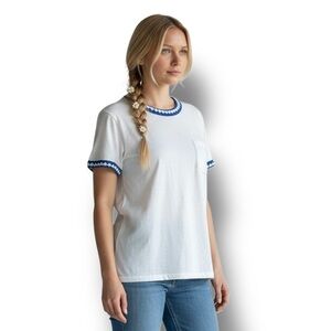 Joseph A Womens Short Sleeve Pocket Tee Retro Crochet Collar Cuff Linen White XL